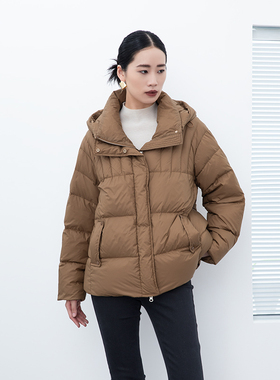 诗梦女装驼色短款面包羽绒服外套立领连帽拉链防风保暖气质百搭