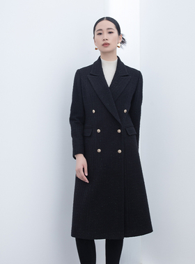 诗梦女装秋季黑色长款西装外套直筒宽松气质优雅羊毛棉风衣双排扣