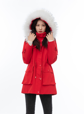 诗梦女装冬季红色休闲抽绳大毛领羽绒服工装风大口袋连帽中长款