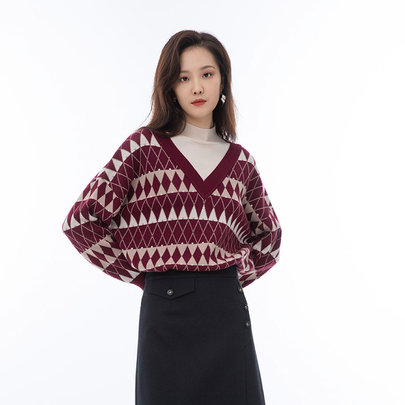 诗梦女装安可拉红半高领毛衣假两件套头蝙蝠袖宽松慵懒羊毛针织衫