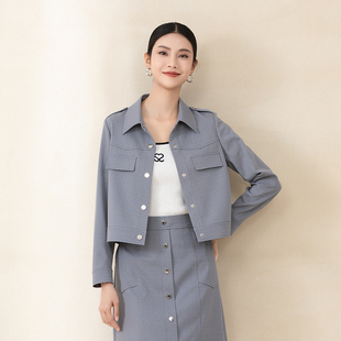 外套POLO翻领休闲夹克单排扣工装 诗梦女装 灰蓝色短款 新款 风 春季