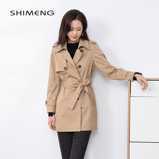 SHIMENG诗梦女装 驼色中长风衣英伦风单排扣系腰带显瘦百搭棉外套