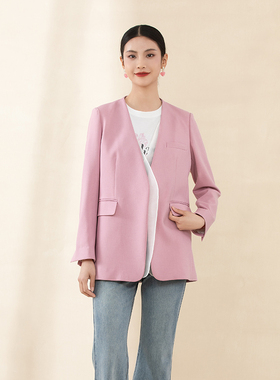 诗梦女装26春季新款粉色黑色撞色边一手长西装外套直身版V领通勤