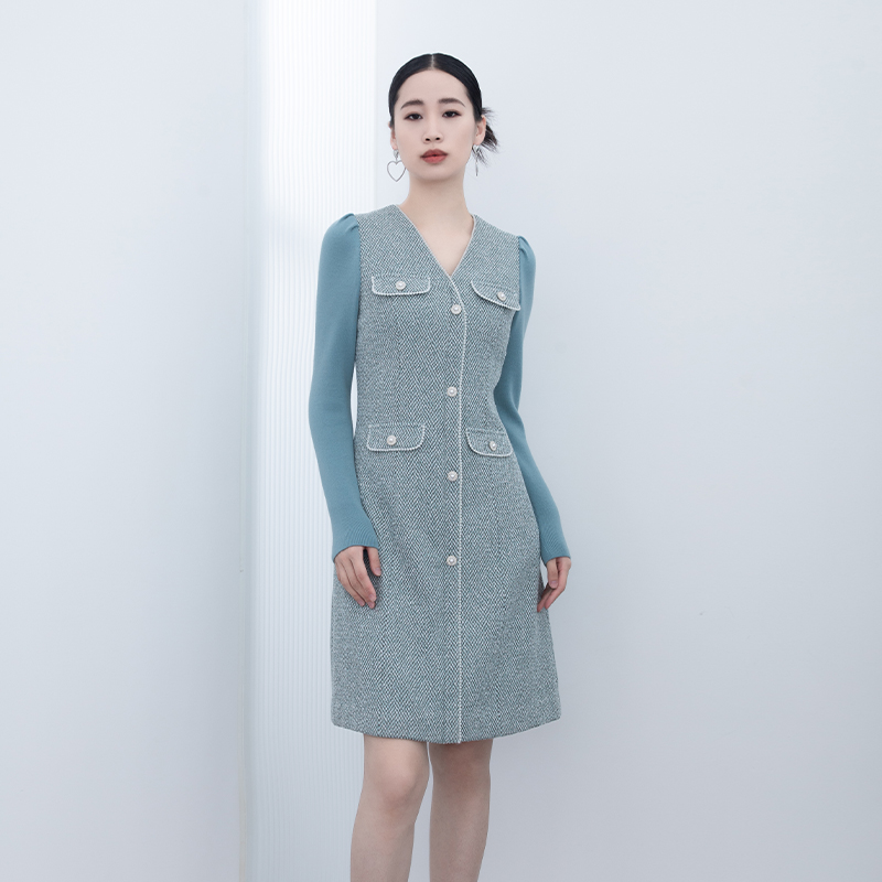 诗梦清新绿色小香风收腰连衣裙