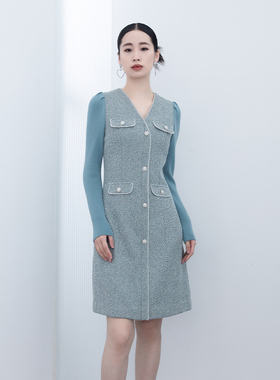 诗梦女装清新绿色连衣裙V领收腰显瘦小香风中长款优雅裙子