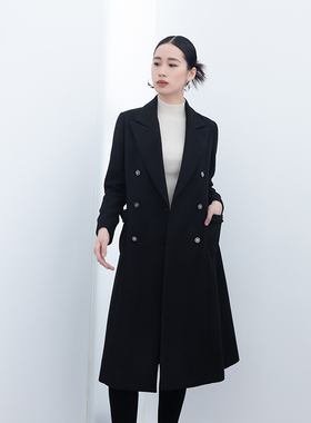 诗梦女装秋季黑色长款外套西装翻领直筒版型优雅双排扣粗花呢风衣