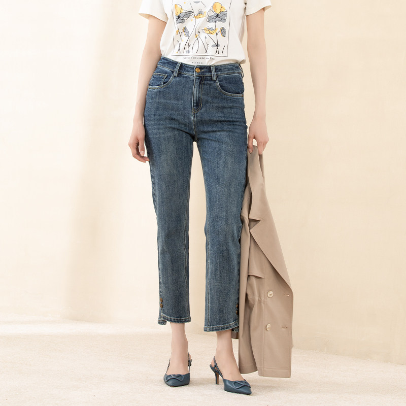 诗梦女装26春夏高腰蓝色牛仔裤锥形小脚裤休闲百搭显瘦棉九分裤