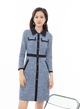 诗梦女装秋冬小香风连衣裙撞色复古收腰长袖衬衫翻领通勤淑女长裙