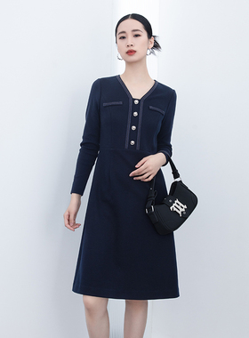 诗梦女装秋冬反季藏青羊毛连衣裙小香风收腰气质优雅V领显瘦长裙