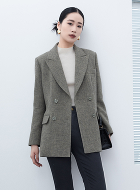 诗梦女装秋冬灰绿绵羊毛中长款西装短外套枪驳领双排扣通勤百搭