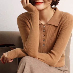 诗梦女装秋冬POLO翻领羊毛针织衫套头多色百搭通勤修身毛衣