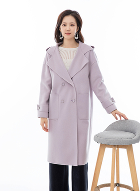 诗梦女装秋冬甜美浅紫色连帽休闲羊毛双面尼宽松廓形长大衣外套