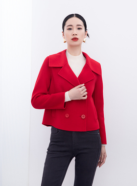 诗梦女装冬季大红色短款双面呢大衣羊毛羊绒大翻领甜美减龄短外套