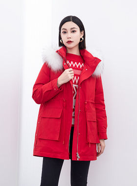 诗梦女装冬季新款红色派克服羽绒服连帽毛领中长款工装风休闲外套