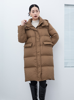 诗梦女装驼色长款羽绒服外套连帽H版型保暖宽松大口袋拉链气质