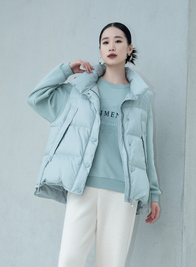 诗梦女装秋冬蓝绿色无袖羽绒马甲外套防风立领宽松减龄休闲百搭