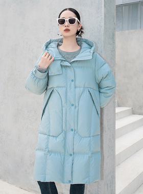 诗梦女装冬季新款浅蓝绿色长款羽绒服90鹅绒连帽休闲廓形面包服