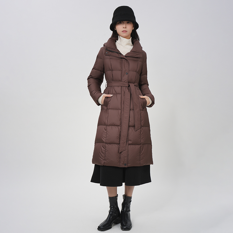 诗梦女装冬季收腰长款羽绒服连帽系腰带黑咖色修身显瘦百搭白鸭绒