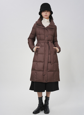 诗梦女装冬季收腰长款羽绒服连帽系腰带黑咖色修身显瘦百搭白鸭绒