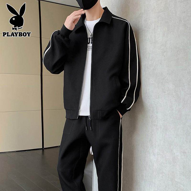 花花公子休闲套装男士春秋季宽松帅气夹克潮流搭配黑色运动服一套