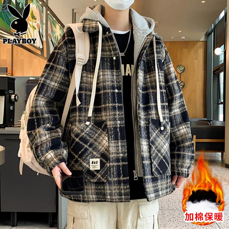 花花公子毛呢夹克男士春秋季加棉加厚连帽外套青少年格纹休闲上衣
