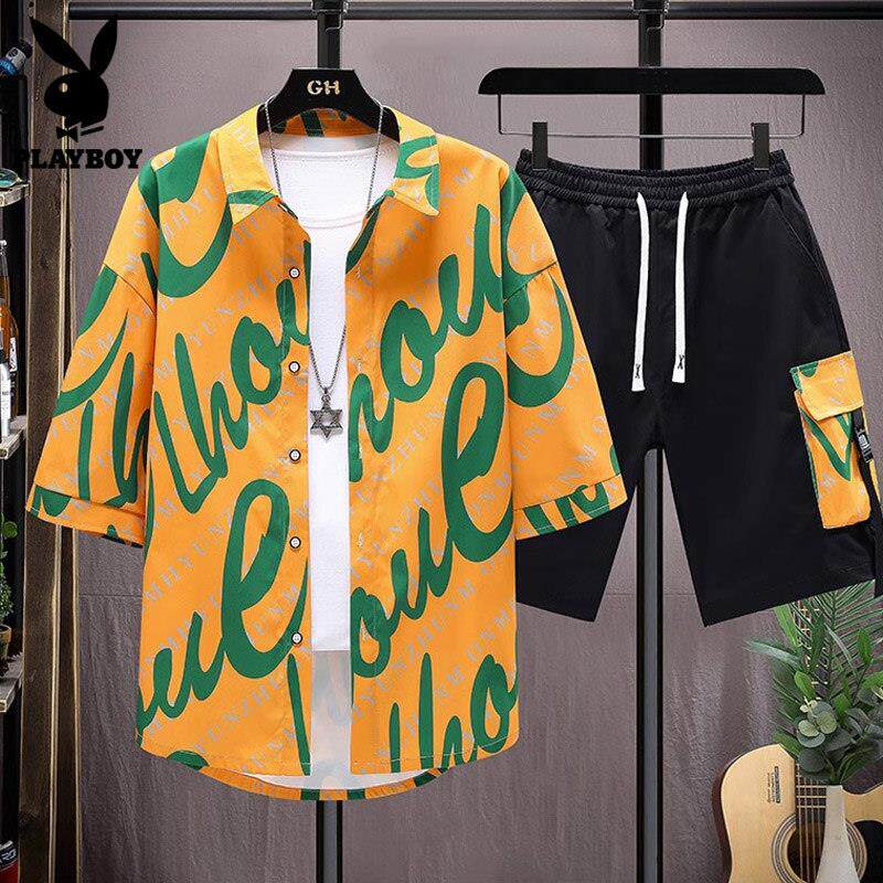 花花公子休闲套装男士夏季薄款短袖印花衬衫夏装潮流搭配一套帅气