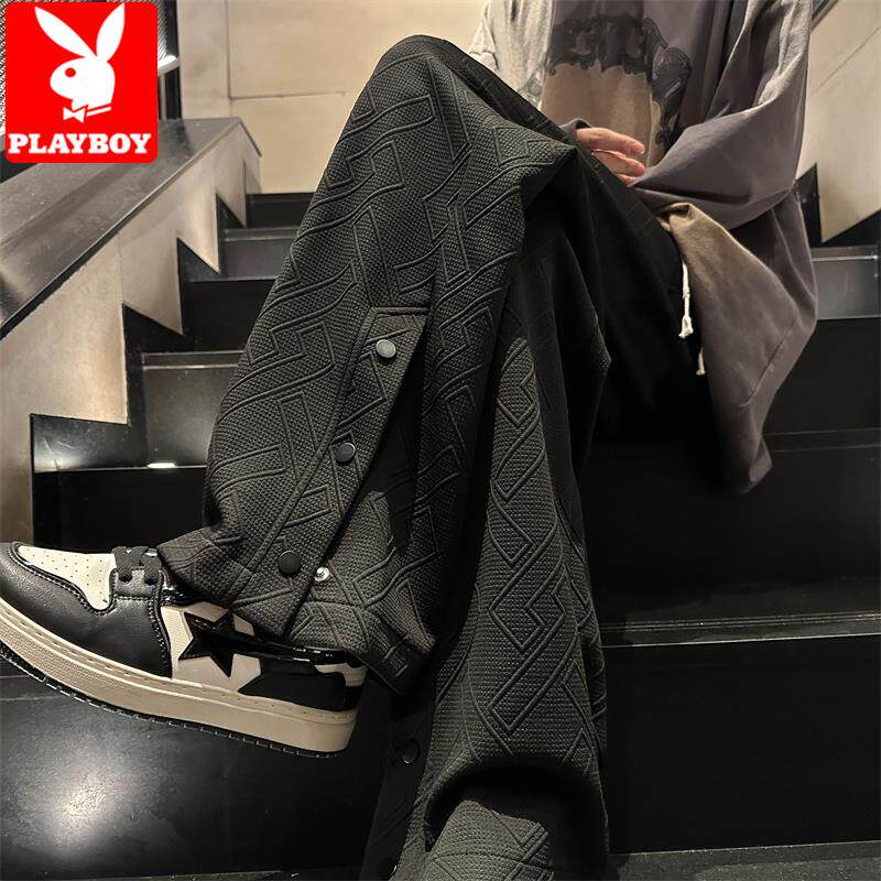 花花公子重磅裤子男款春秋季美式复古排扣卫裤宽松直筒休闲长裤子