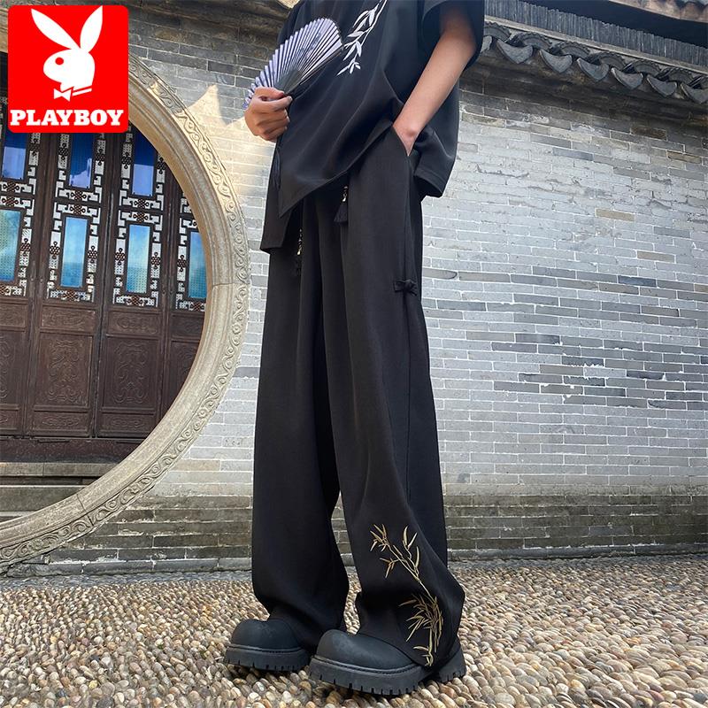花花公子裤子男款春秋季新中式刺绣直筒宽松阔腿西裤高级感休闲裤