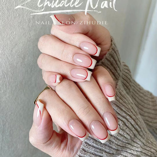 鹿舞纯手工穿戴美甲极简红白法式