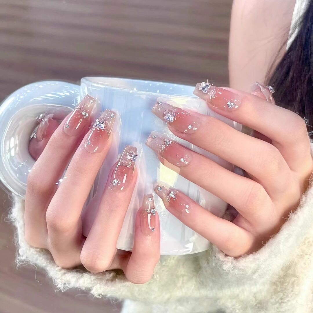 新款裸色腮红碎钻爱心蝴蝶手工定穿戴甲/甲片