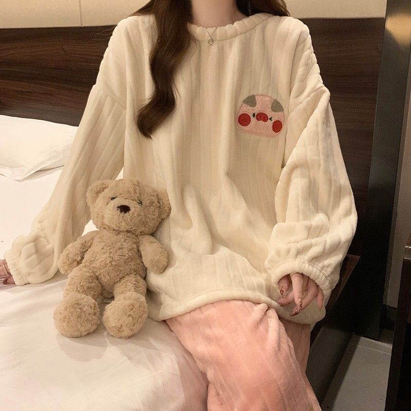 睡衣冬季女款珊瑚绒加厚加绒卡通可爱学生法兰绒家居服套装可外