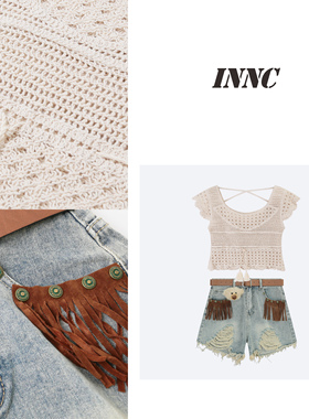 INNC钩花镂空上衣流苏破洞牛仔短裤套装1604679