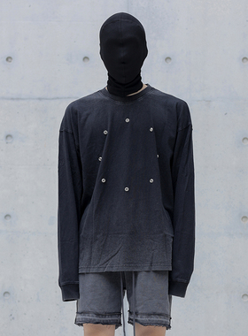 CHRYSOMALLON水洗渐变做旧长袖T恤男暗黑重磅纯棉打底衫圆领宽松