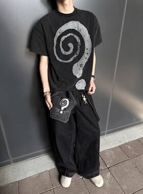 TSAOOJ问号米奇印花短袖重磅水洗做旧Vintage复古质感圆领宽松T恤