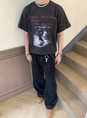 TSAOOJ 黑灰白马公主印花短袖水洗复古美式高街cleanfit休闲T恤潮