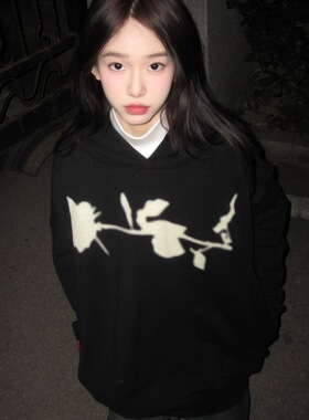 TSAOOJ黑暗系玫瑰花印花连帽卫衣高街Cleanfit重磅加绒帽衫上衣男