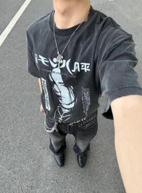 TSAOOJ 落叶危机t恤男夏季美式复古vintage短袖潮牌小领口半袖