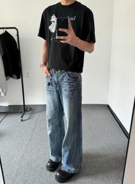 TSAOOJ水洗闪电爆裂纹牛仔裤直筒微喇高街cleanfit显瘦冰蓝裤子潮