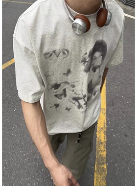 TSAOOJ 夏季失忆蝴蝶印花短袖凉感cleanfit重磅休闲百搭半袖T恤潮