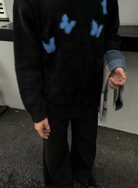 TSAOOJ 暗黑蝴蝶提花马海毛毛衣美式高街氛围感百搭慵懒针织衫男