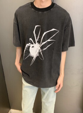 「TSAOOJ」蜘蛛标语半袖美式高街小众水洗做旧cleanfit短袖t恤男