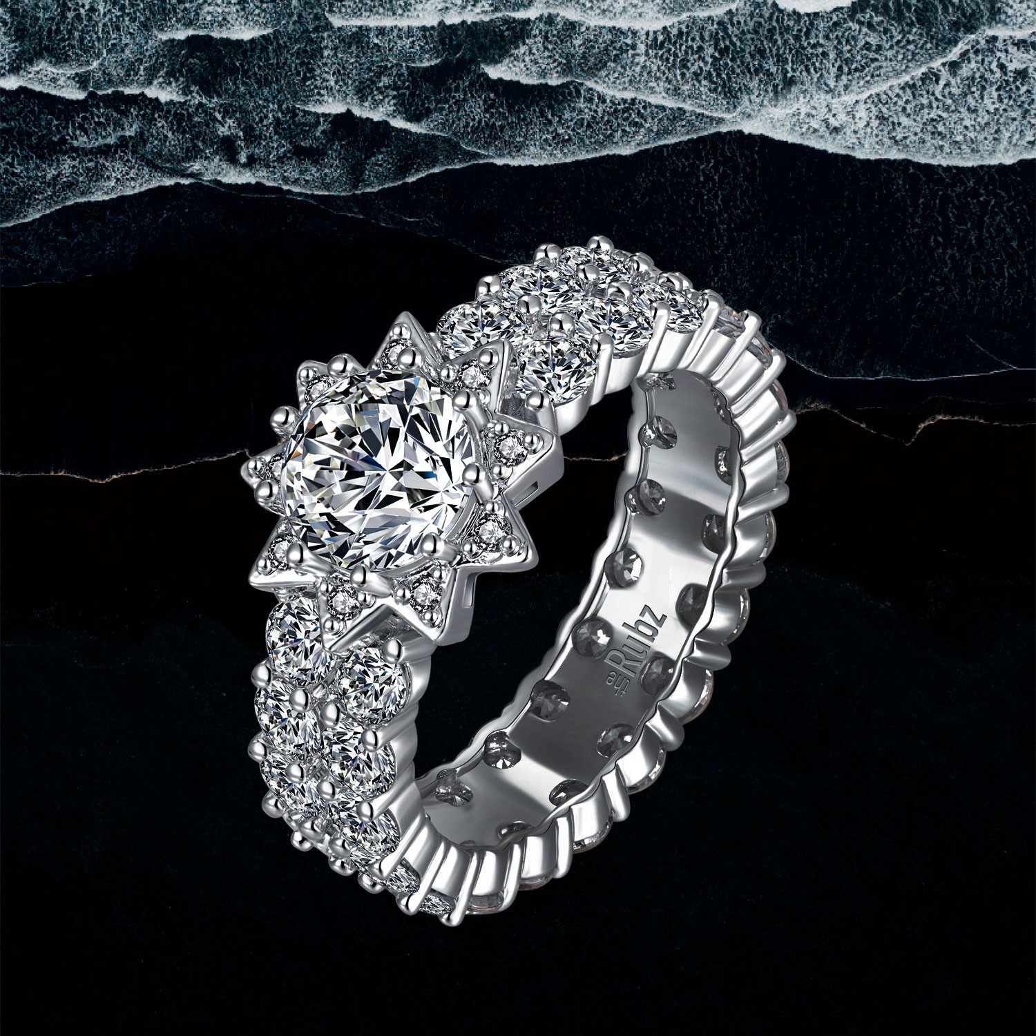 therubz九芒星双排钻时尚镶嵌锆钻潮流百搭丹麦小众礼物情侣戒指