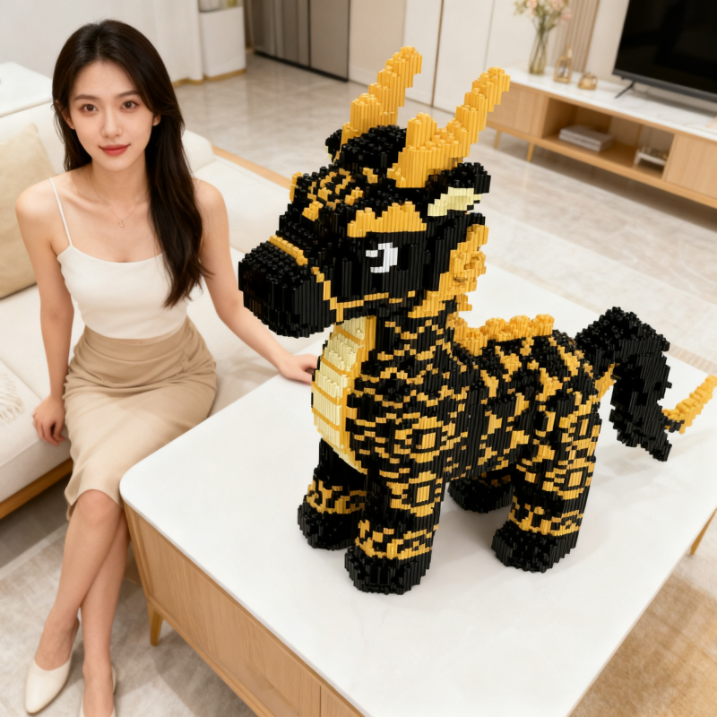 2025新款生肖马年吉祥物摆件赤焰金龙马积木拼装玩具拼图新年礼物