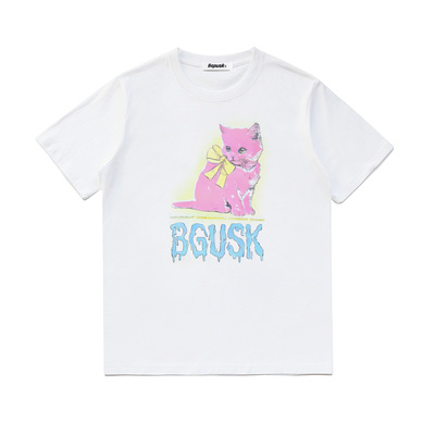 BGPUSK春夏2026小众新款粉色猫咪印花纯棉宽松圆领短袖T恤女