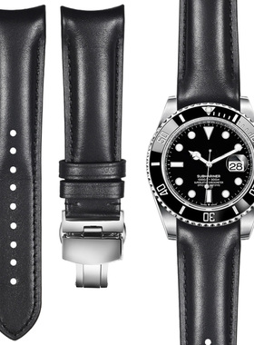适用劳力士手表带真皮弧形迪通拿绿黑水鬼游艇男女蝴蝶扣表带20mm