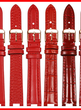 凹口表带女士真皮适配罗西尼飞亚达天梭天王卡西欧依波红色手表链