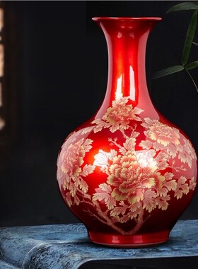 景德镇陶瓷器结婚喜庆中国红花瓶新婚客厅红色家居饰品婚庆摆件