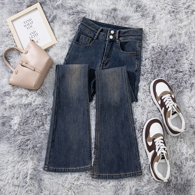 小个子微喇牛仔裤子女新款2025爆款秋冬水泥灰高腰显瘦九分喇叭裤