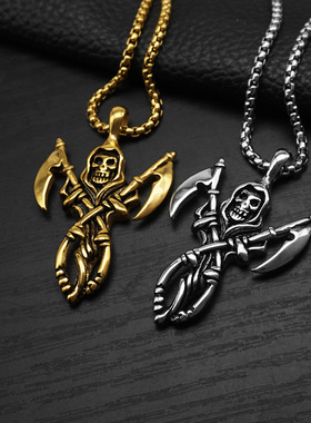 欧美骷髅头哥特钢死神吊坠项链男