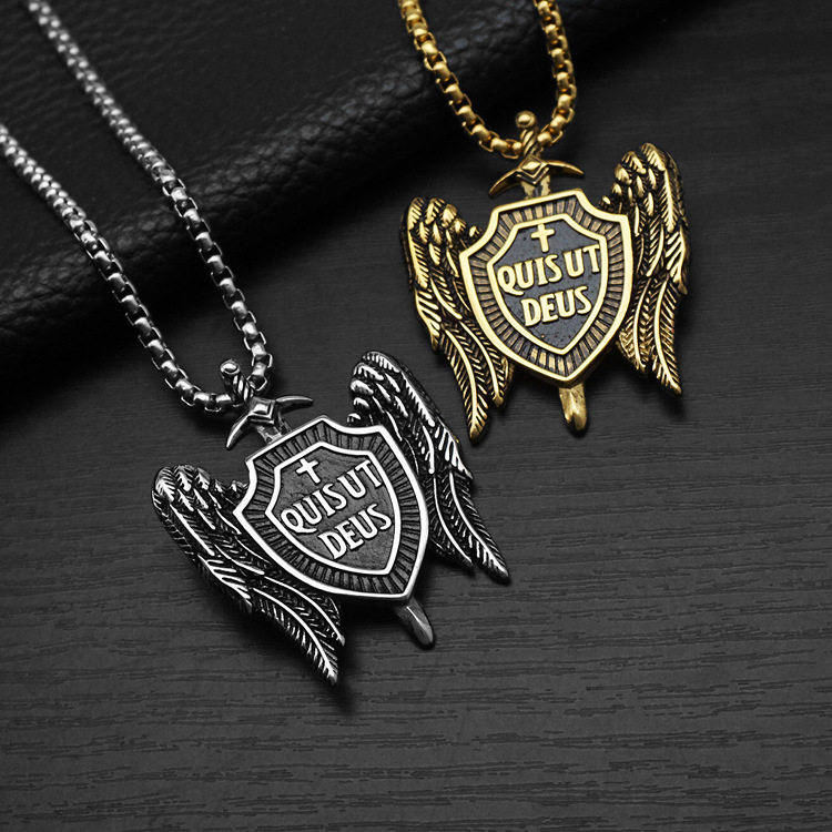 跨境铸造复古剑盾吊坠朋克嘻哈十字架潮男天使之翼钛钢项链挂件